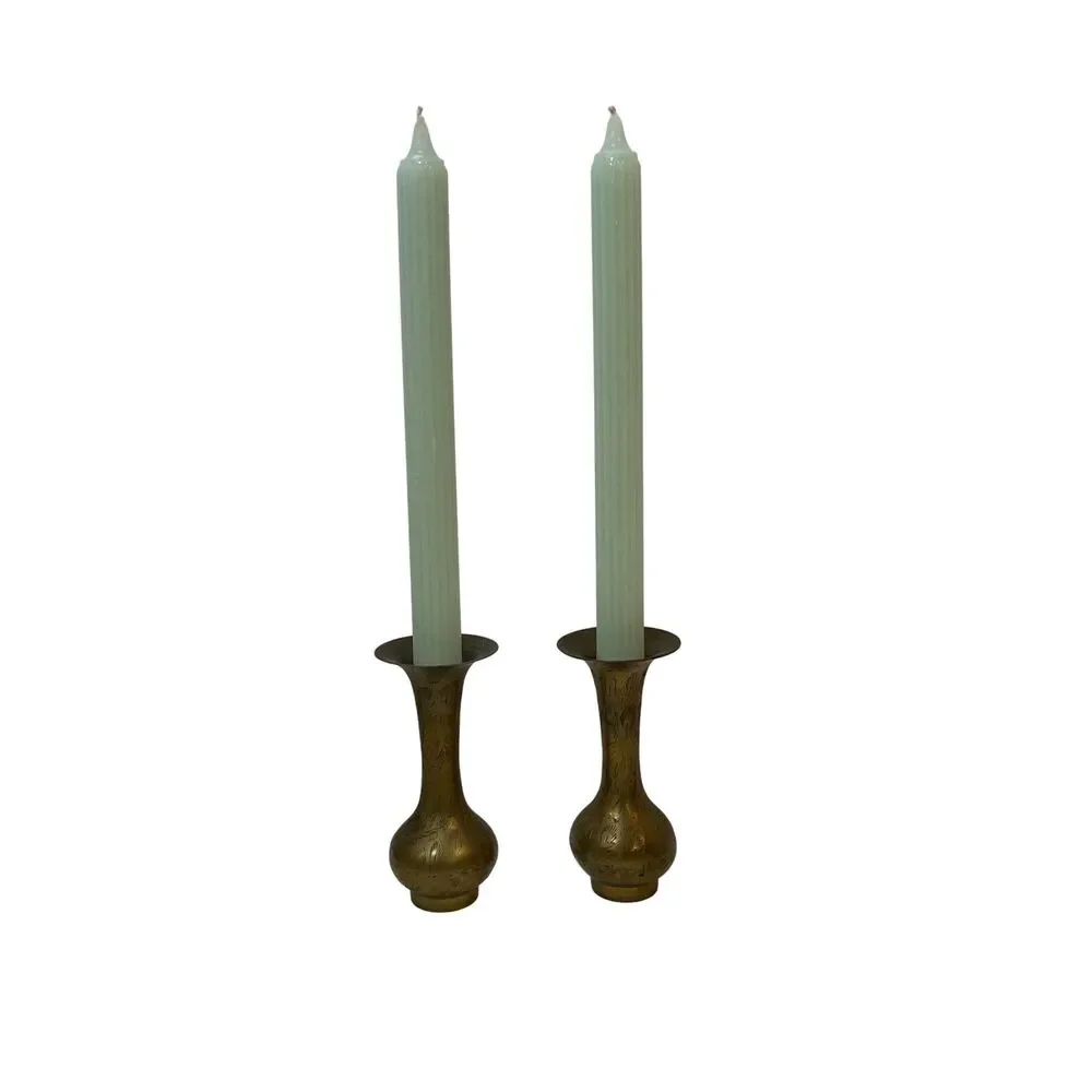 Etched Brass Candlestick Holder or Bud Vase Set of Two Solid Brass Aged Patina